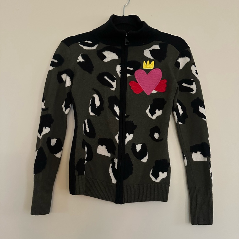 Rossignol x JCC collab 100% merino zip up sweater - leopard cheetah heart crown